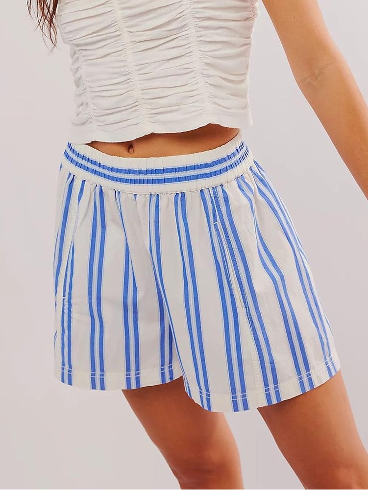 Free People Blue + White Striped Boxer Lounge Shorts / Size S
